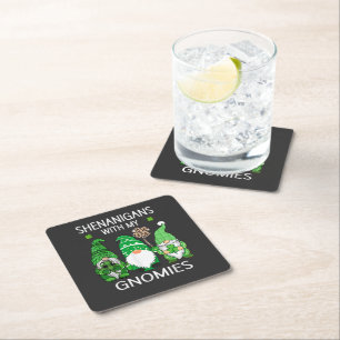 St Patricks Day Lucky Shamrock Leopard Gnomes Square Paper Coaster