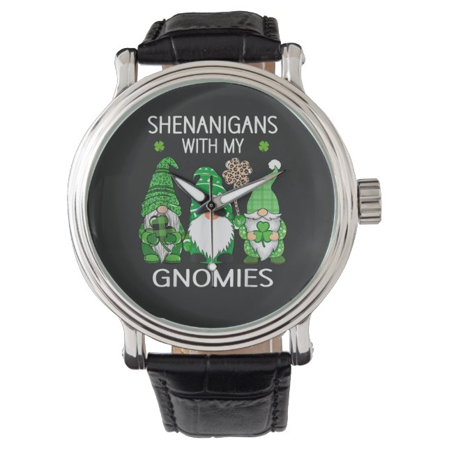 St Patricks Day Lucky Shamrock Leopard Gnomes  Watch (Front)