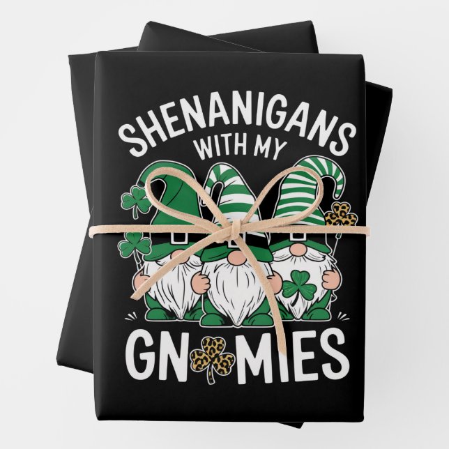 St Patricks Day Lucky Shamrock Leopard Gnomes  Wrapping Paper Sheet (In situ)
