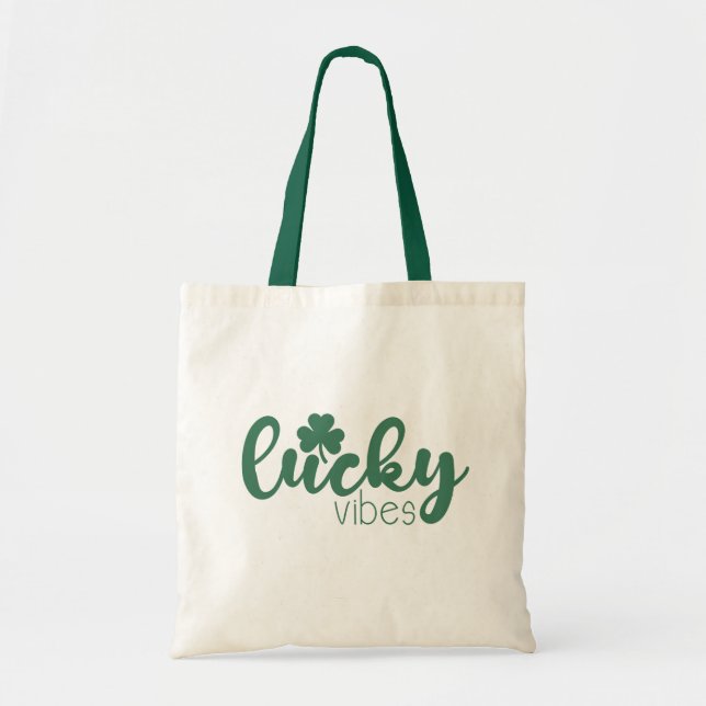 St. Patrick's Day Lucky Vibes with Green Clover Tote Bag (Front)
