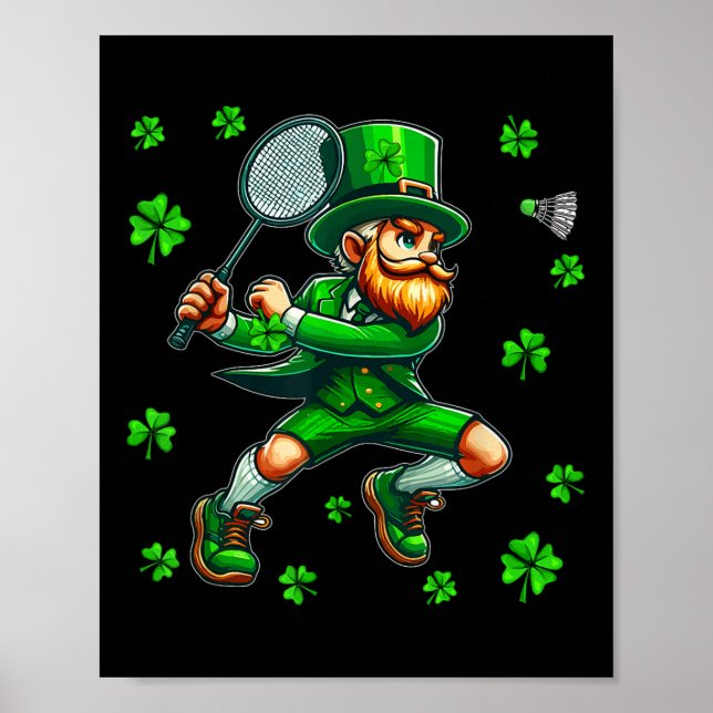 St. Patricks Day Man Playing Badminton Player Team Poster (Front)