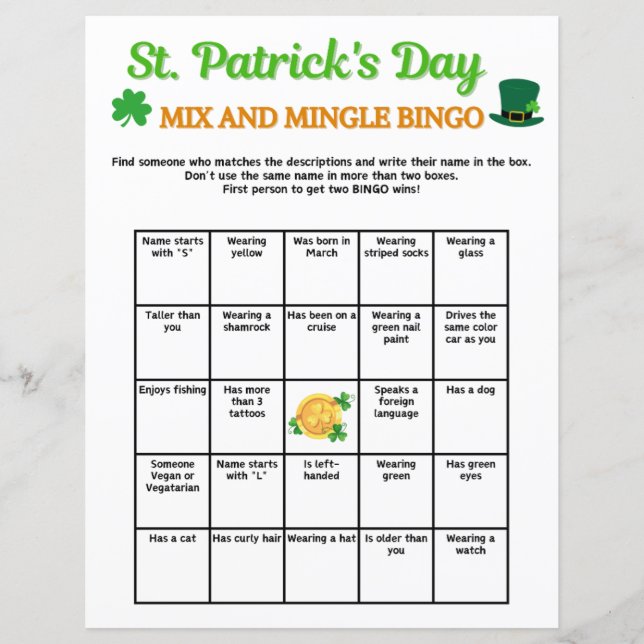St. Patrick's Day Mix and Mingle Bingo Game (Front)