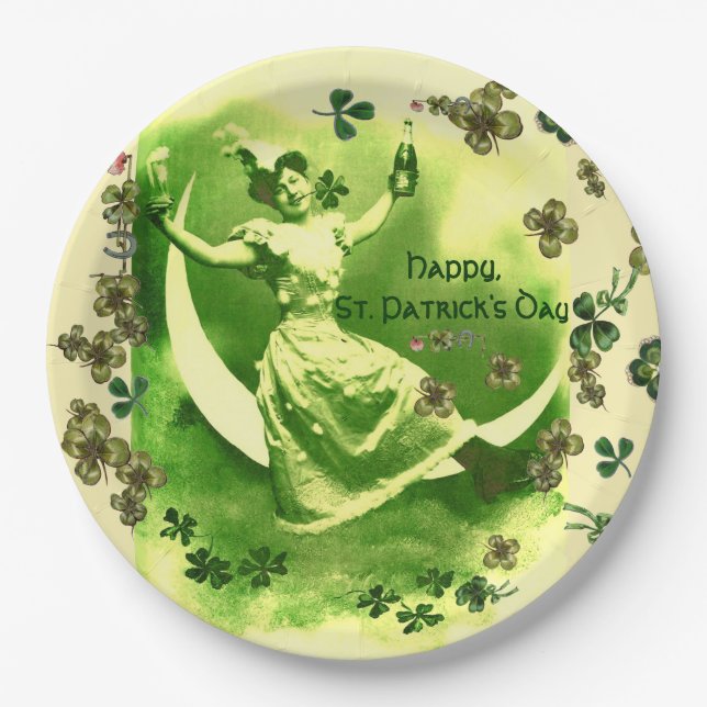 ST PATRICK'S DAY MOON LADY,IRISH BEER ,SHAMROCKS PAPER PLATE (Front)