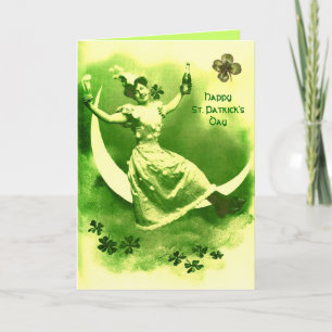 ST PATRICK'S DAY MOON LADY WITH SHAMROCKS CARD