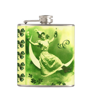 ST PATRICK'S DAY MOON LADY WITH SHAMROCKS Monogram Hip Flask