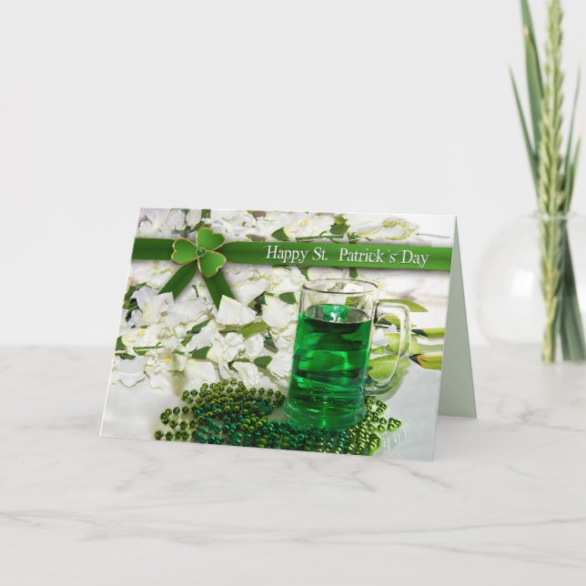 St. Patrick's Day - Mug with Green beverage -Beads Card (Front)
