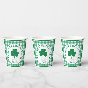 St Patricks Day NAME Irish Clover Green Check Paper Cups