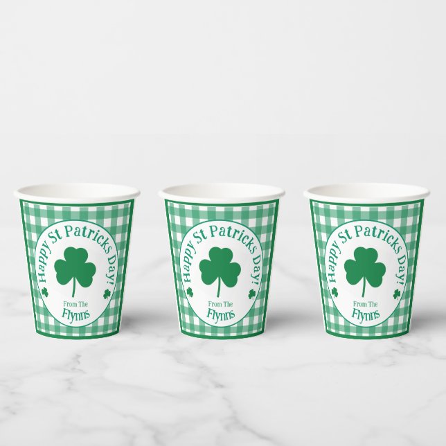 St Patricks Day NAME Irish Clover Green Check Paper Cups (Multi)