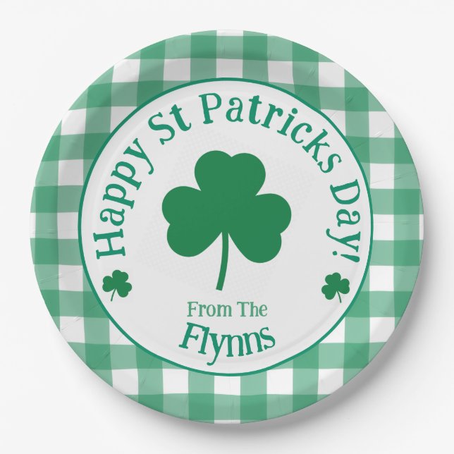 St Patricks Day NAME Irish Clover Green Check Paper Plate (Front)