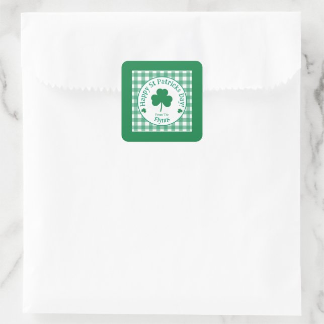 St Patricks Day NAME Irish Clover Green Check Square Sticker (Bag)