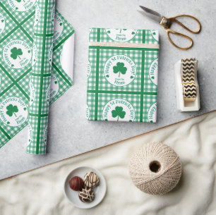 St Patricks Day NAME Irish Clover Green Check Wrapping Paper