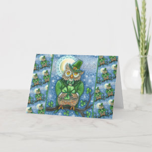 ST. PATRICK'S DAY OWL, 4 LEAF CLOVER LEPRECHAUN HOLIDAY CARD