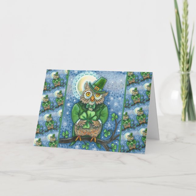ST. PATRICK'S DAY OWL, 4 LEAF CLOVER LEPRECHAUN HOLIDAY CARD (Front)