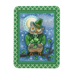 ST. PATRICK'S DAY OWL, 4 LEAF CLOVER LEPRECHAUN MAGNET