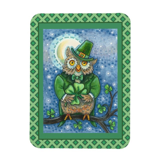 ST. PATRICK'S DAY OWL, 4 LEAF CLOVER LEPRECHAUN MAGNET (Vertical)