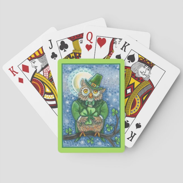 ST. PATRICK'S DAY OWL, 4 LEAF CLOVER LEPRECHAUN PLAYING CARDS (Back)