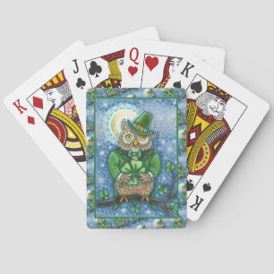 ST. PATRICK'S DAY OWL, 4 LEAF CLOVER LEPRECHAUN PLAYING CARDS