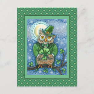 ST. PATRICK'S DAY OWL, 4 LEAF CLOVER LEPRECHAUN POSTCARD