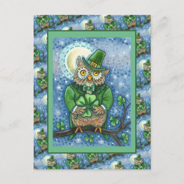 ST. PATRICK'S DAY OWL, 4 LEAF CLOVER LEPRECHAUN POSTCARD (Front)