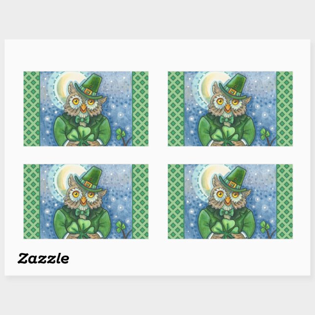 ST. PATRICK'S DAY OWL, 4 LEAF CLOVER LEPRECHAUN RECTANGULAR STICKER (Sheet)