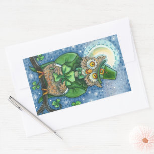 ST. PATRICK'S DAY OWL, 4 LEAF CLOVER LEPRECHAUN RECTANGULAR STICKER