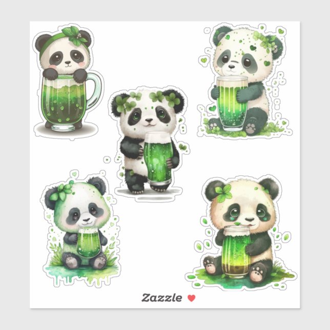 St Patrick's Day Panda Bears w/ Green Irish Drink (Sheet)