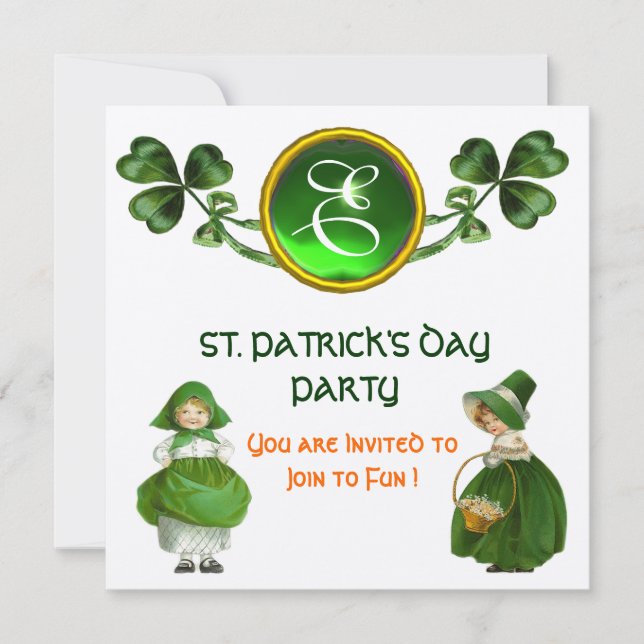 ST. PATRICK'S DAY PARTY GREEN EMERALD MONOGRAM INVITATION (Front)