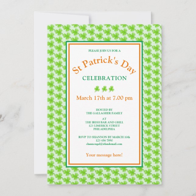 St Patrick's Day Party Green Orange Shamrock Invitation (Front)