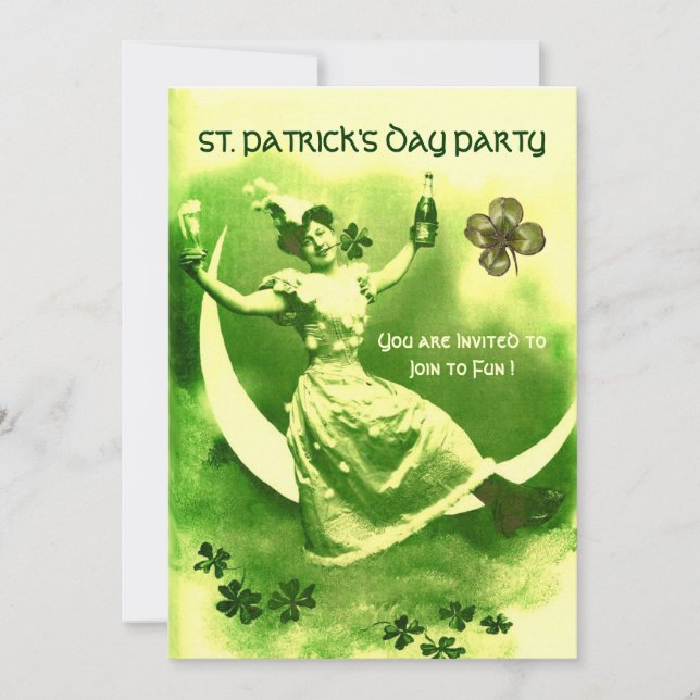 ST.PATRICK'S DAY PARTY MOON LADY WITH SHAMROCKS INVITATION (Front)