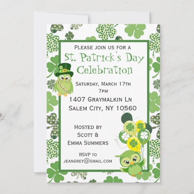 St. Patricks Day Party Shamrock Green Owl Invitation (Front)