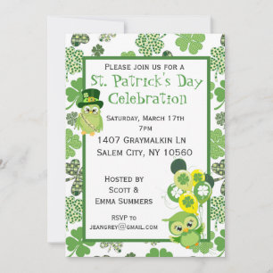 St. Patricks Day Party Shamrock Green Owl Invitation