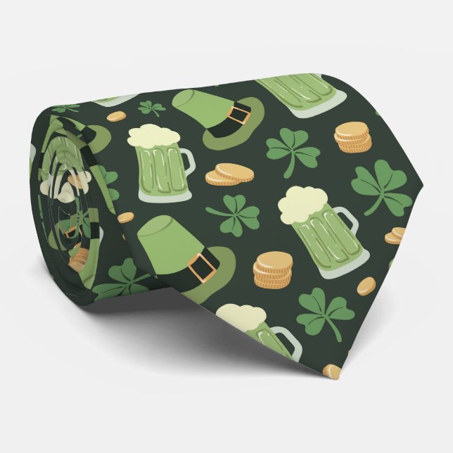 St Patricks Day Pattern Dark Green Cheers Shamrock Tie (Rolled)