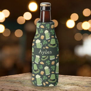St Patricks Day Pattern Sláinte Funny Green Name Bottle Cooler