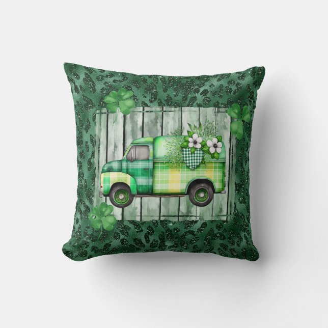 St. Patrick's Day Plaid Vintage Truck Cushion (Front)