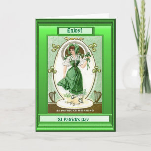 St Patrick's day, Pretty Irish girl with shamrocks Card