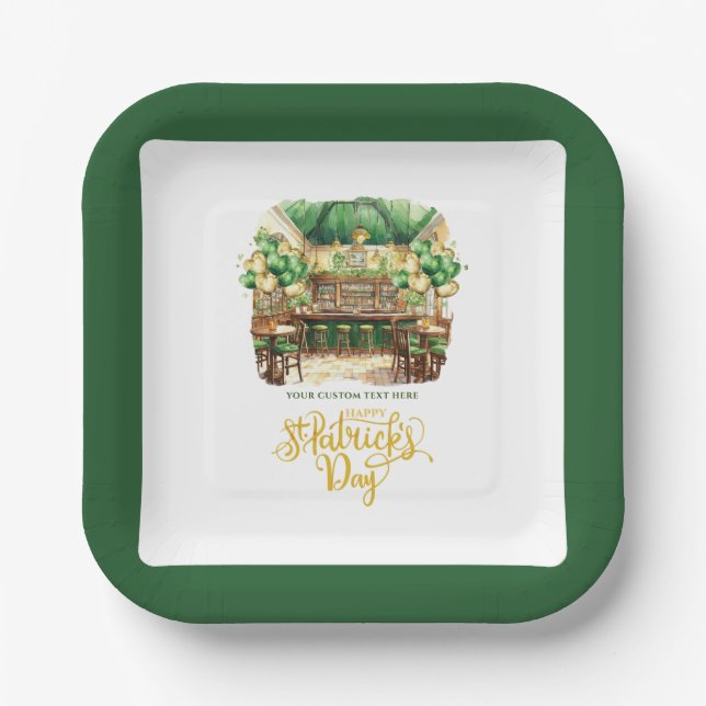St. Patrick's Day Pub Personalised Watercolor  Paper Plate (Front)