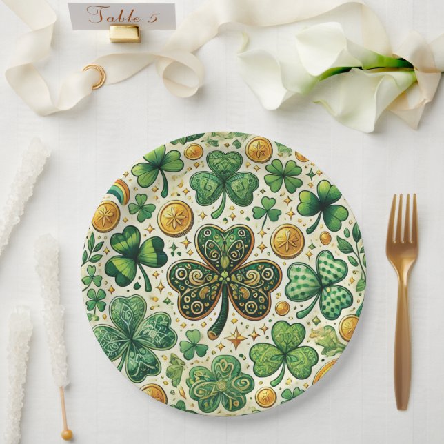 St. Patrick's Day Shamrock and Gold Pattern Paper Plate (Wedding)
