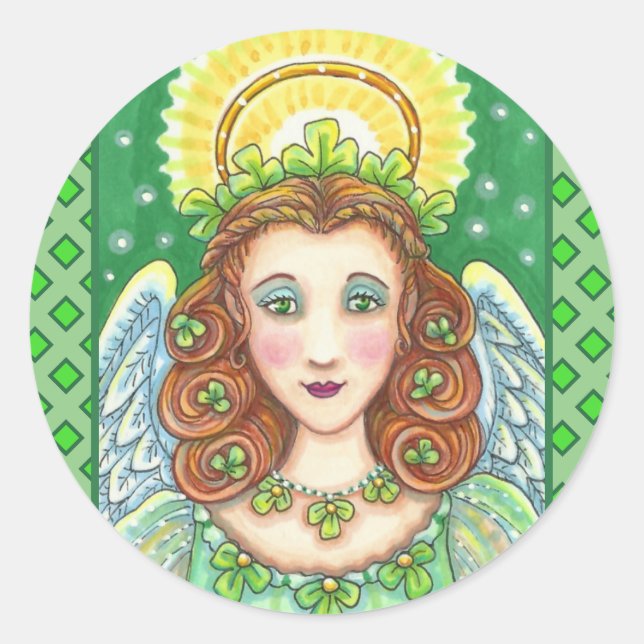 ST. PATRICK'S DAY SHAMROCK ANGEL, IRISH BLESSINGS CLASSIC ROUND STICKER (Front)