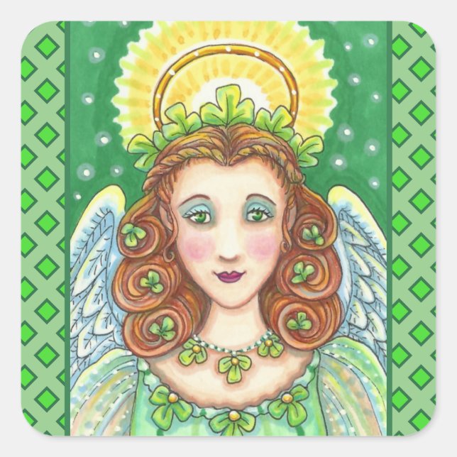 ST. PATRICK'S DAY SHAMROCK ANGEL, IRISH BLESSINGS SQUARE STICKER (Front)