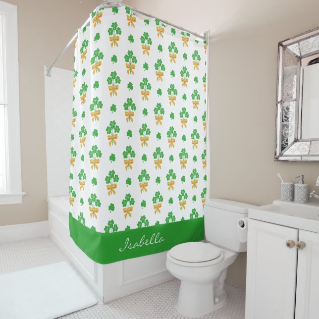 St. Patrick's Day Shamrock Golden Bow Green Clover Shower Curtain (In Situ)