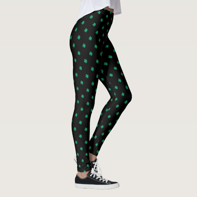 St Patrick's Day Shamrock Green Patterns Black Leggings (Right)