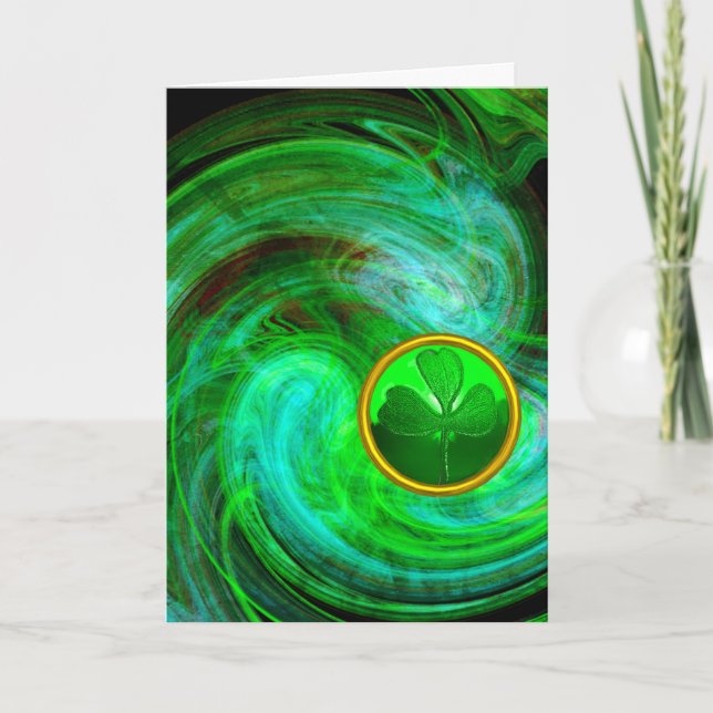 ST PATRICKS DAY SHAMROCK IN BLUE GREEN FRACTALS CARD (Front)
