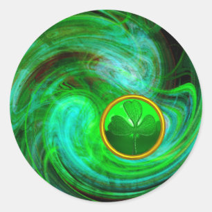 ST PATRICKS DAY SHAMROCK IN BLUE GREEN FRACTALS CLASSIC ROUND STICKER