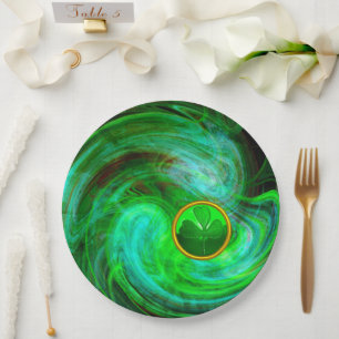 ST PATRICKS DAY SHAMROCK IN BLUE GREEN FRACTALS PAPER PLATE