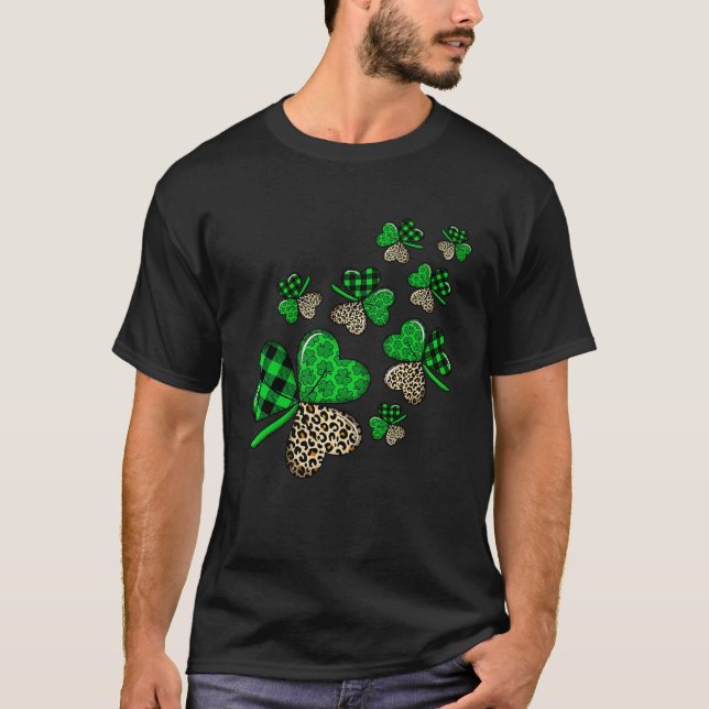 St Patricks Day Shamrock Irish Leopard Print Plaid T-Shirt (Front)
