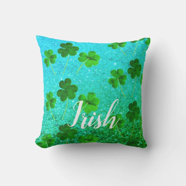 St Patrick's Day Shamrock Leaf Glittery Blue Green Cushion (Front)