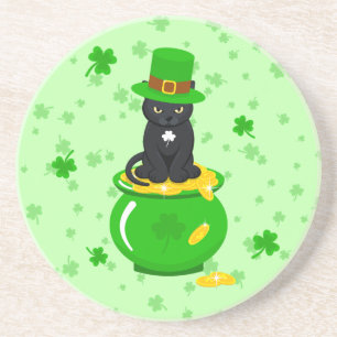 St. Patrick's Day Shamrock Pot of Gold Black Cat Coaster