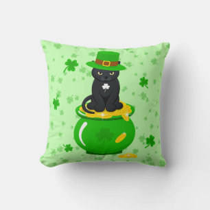St. Patrick's Day Shamrock Pot of Gold Black Cat Cushion
