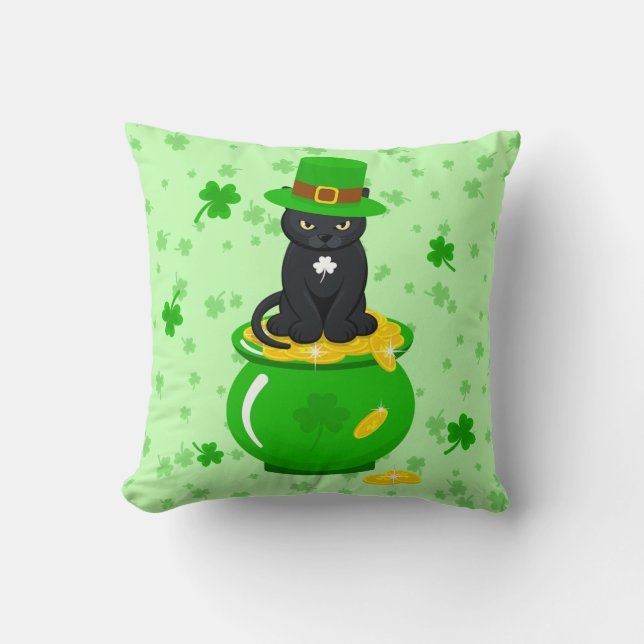 St. Patrick's Day Shamrock Pot of Gold Black Cat Cushion (Front)
