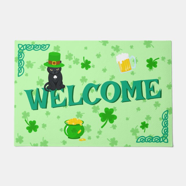 St. Patrick's Day Shamrock Pot of Gold Black Cat Doormat (Front)